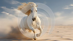 White horse running in the desert. The galloping white horse.