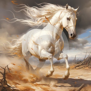 White horse running in the desert. The galloping white horse.