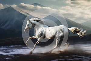 White horse running on the road in the mountains. 3d rendering photo