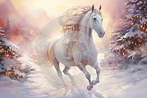 a white horse running in the snow, fantasy art, glowing flowing hair,