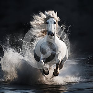 a white horse running through water