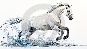 Dynamic White Horse Running Through Water in Expressive Oil Painting Style