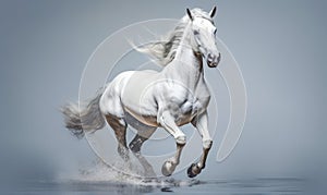 White horse running in the water on a gray background
