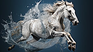 White Horse is running in the water and splashing with black background