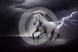 A white horse runs through dark storm clouds among lightning. Generate Ai