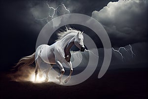 A white horse runs through dark storm clouds among lightning. Generate Ai