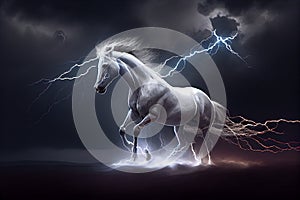 A white horse runs through dark storm clouds among lightning. Generate Ai