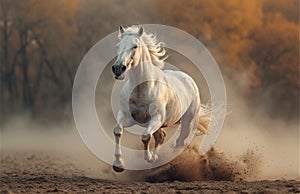 White horse runs forward on the sand in the dust on the sky background