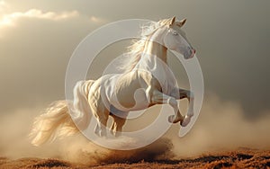 White horse runs gallop in the dust over the hill