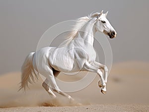 White horse runs gallop on sand in the desert