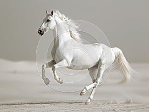 White horse runs gallop on the sand in the desert