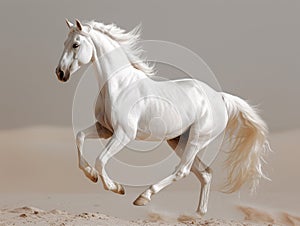 White horse runs gallop on sand in the desert