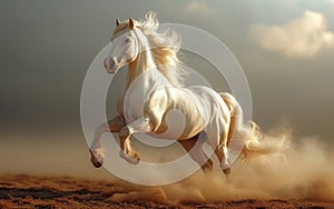 White horse runs gallop in the sand in the dust on the sky background