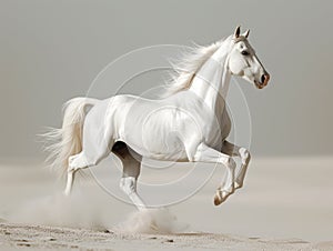 White horse runs gallop in the sand storm. A white horse standing on its hind legs in the desert