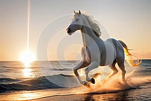 White horse runs in the water of the sea sunset.