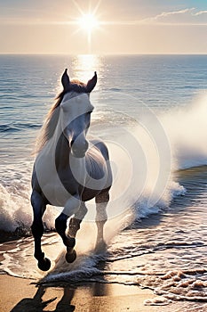 White horse runs in the water of the sea sunset.