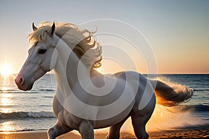 White horse runs in the water of the sea sunset.