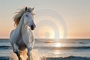 White horse runs in the water of the sea sunset.