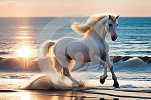 White horse runs in the water of the sea sunset.