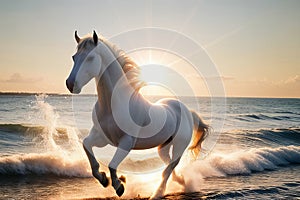 White horse runs in the water of the sea sunset.