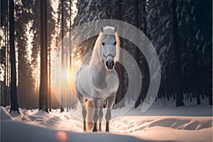 White horse in snow forest, freedom concept, Generative AI