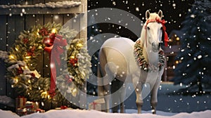 White Horse in Snowy Landscape with Christmas Wreath