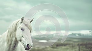 White horse, soft pastel colors, minimalism, sky blue background, serenity and calm, photography, long white mane, green