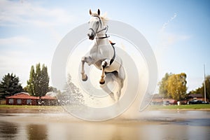 white horse splashing through water jump