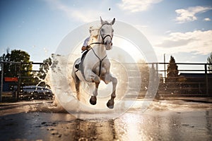 white horse splashing through water jump