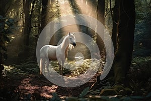 A white horse stands in a beautiful fairytale forest.