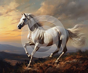 White Horse on a Top of Hill at Sunset .AI generated Illustration