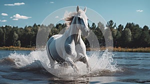 White Horse in Water - Elegance & Power, River Splendor, Wild Stallion, Nature\'s Dance, Equine Majesty, Summer\'s Freedom