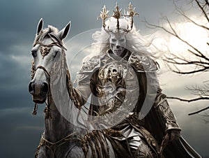 White horseman of apocalypse warrior in golden armor riding white horse AI