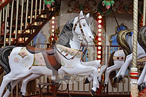 A white horses on a carousel in the park.