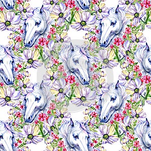 White horses with flowers watercolor pattern seamless background