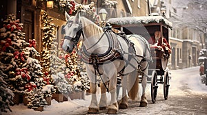 White Horses Gracefully Pulling a Carriage Across a Snowy Landscape