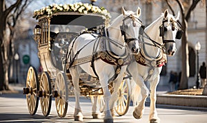 White Horses Pulling Carriage Down City Street