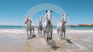 White horses running on the sandy beach by the sea in summer