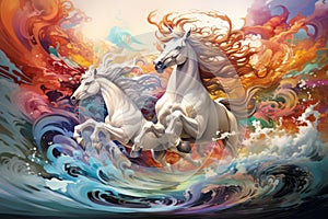 White horses are running through the water