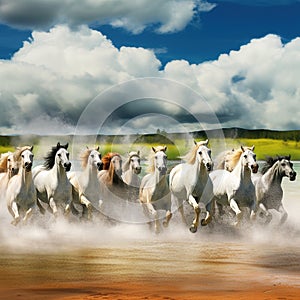 white horses running in the water, cloudy sky.