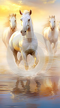 white horses running in the water, cloudy sky.