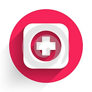 White Hospital signboard icon isolated with long shadow. Red circle button. Vector