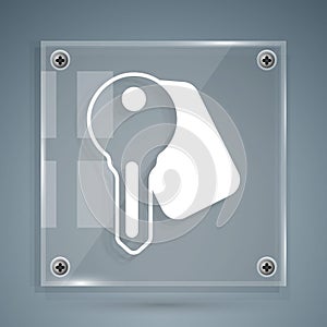 White Hotel door lock key icon isolated on grey background. Square glass panels. Vector