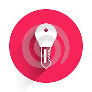 White Hotel door lock key icon isolated with long shadow background. Red circle button. Vector