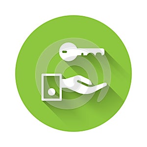 White Hotel door lock key icon isolated with long shadow. Green circle button. Vector