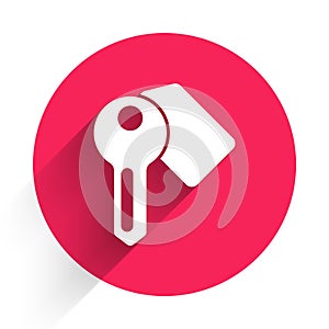 White Hotel door lock key icon isolated with long shadow. Red circle button. Vector