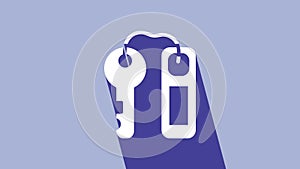 White Hotel door lock key with number tag icon isolated on purple background. 4K Video motion graphic animation