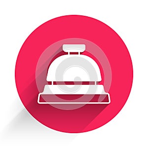 White Hotel service bell icon isolated with long shadow background. Reception bell. Red circle button. Vector