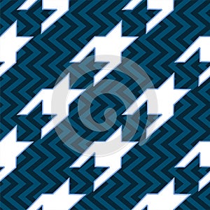 White houndstooth pattern on blue chevron fabric swatch