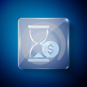 White Hourglass with dollar icon isolated on blue background. Money time. Sandglass and money. Growth, income, savings
